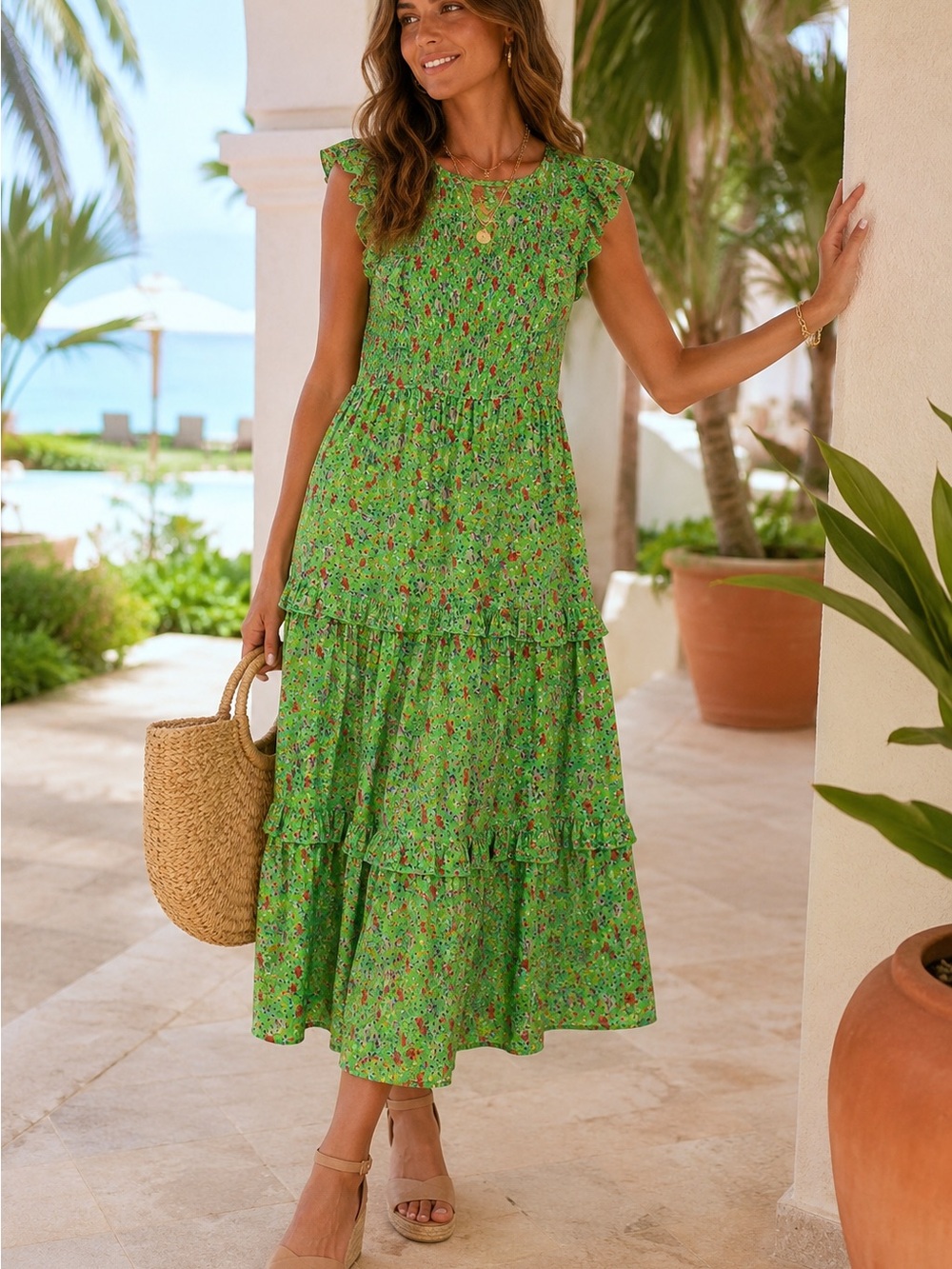 Banjanan Green Floral Smocked Midi Dress Ruffle Tiered Boho Cottagecore Resort